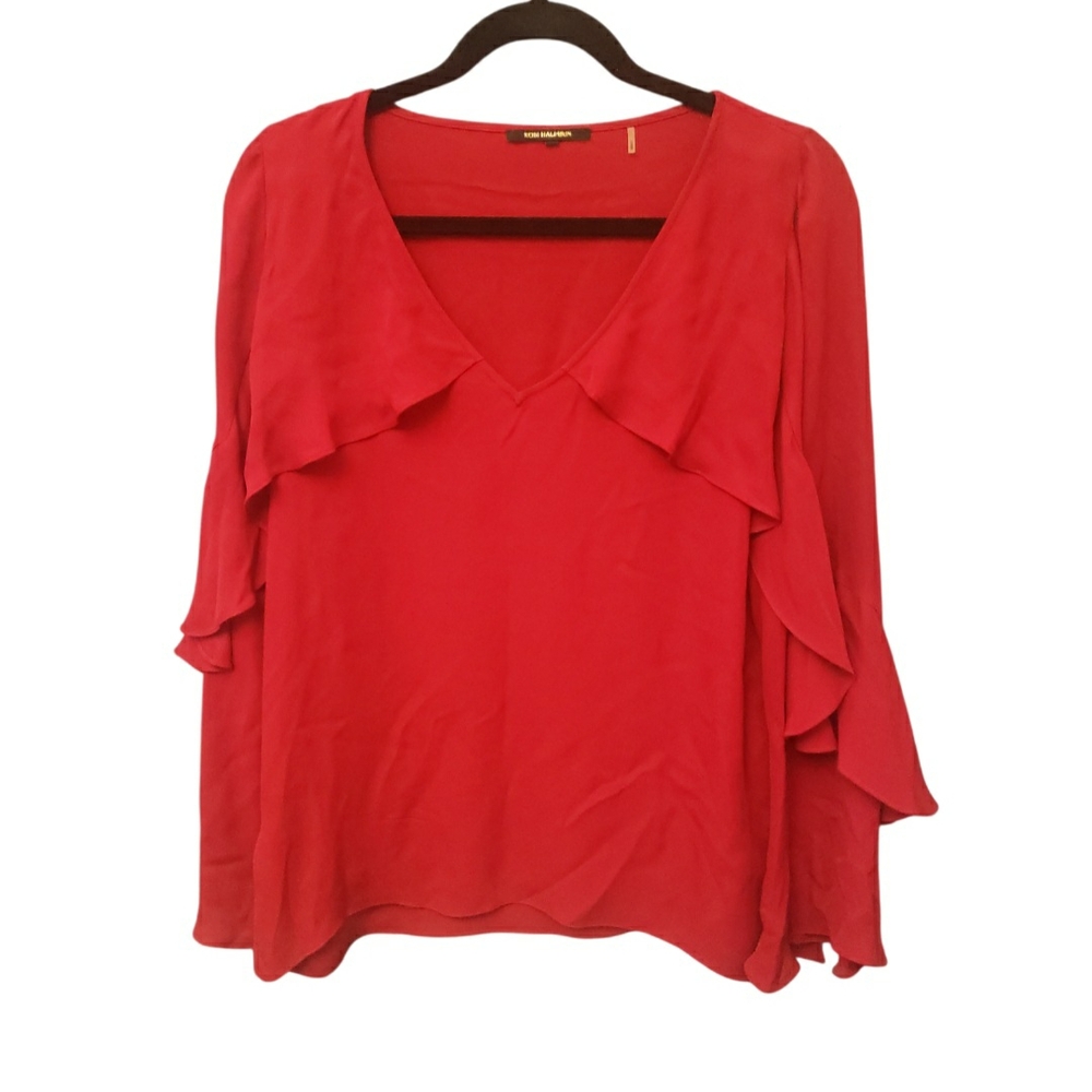 Kobi Halperin Red Ruffle Sleeve Silk Top